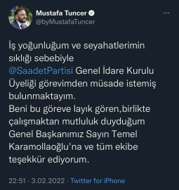 Saadet Partisinde istifa