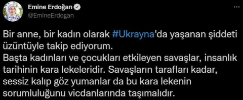 Emine Erdoğan: “Bir anne olarak, uluslararası toplumu barışın tesisi için harekete geçmeye davet ediyorum”
