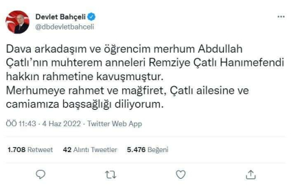 MHP lideri Bahçeliden, Remziye Çatlının vefatı dolayısıyla başsağlığı mesajı