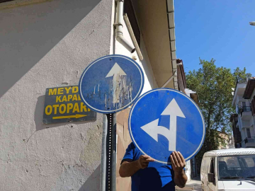 Ayvalıkta işaret levhalarına spreyli bela