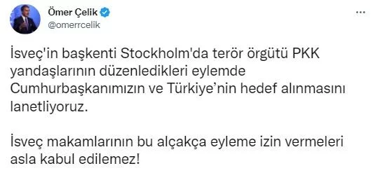 AK Partisi Sözcüsü Çelik: “İsveçte terör örgütü PKK yandaşlarının düzenledikleri eylemde Cumhurbaşkanımızın ve Türkiyenin hedef alınmasını lanetliyoruz”