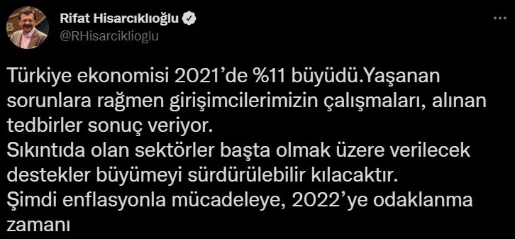 TOBB Başkanı Hisarcıklıoğlu: “Ekonomimiz 2021de yüzde 11 büyüdü, şimdi enflasyonla mücadele zamanı”